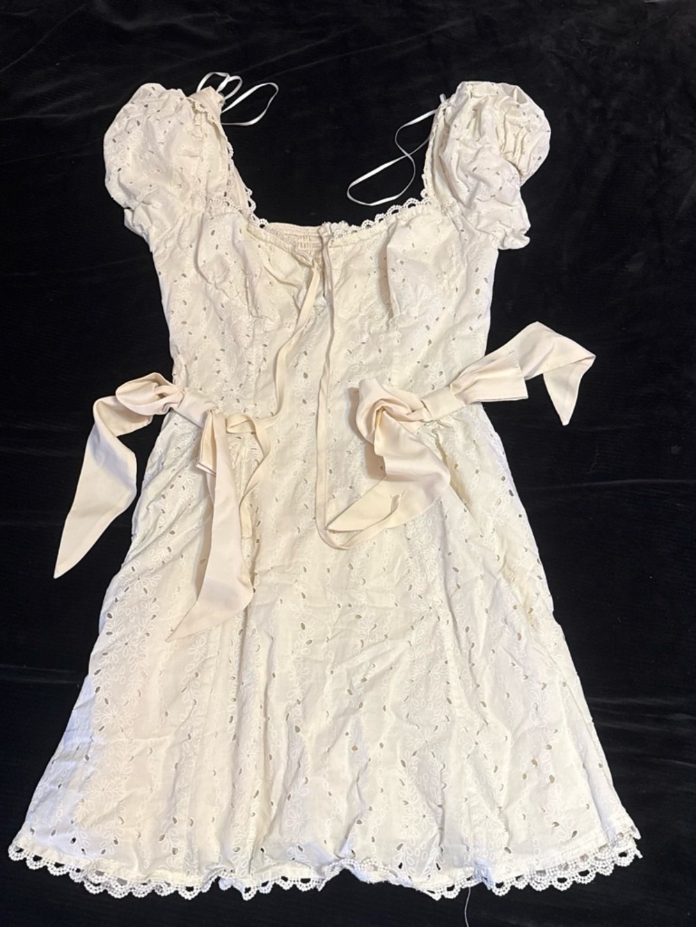 Backless Eyelet Mini Dress with Bow Ties - Cream